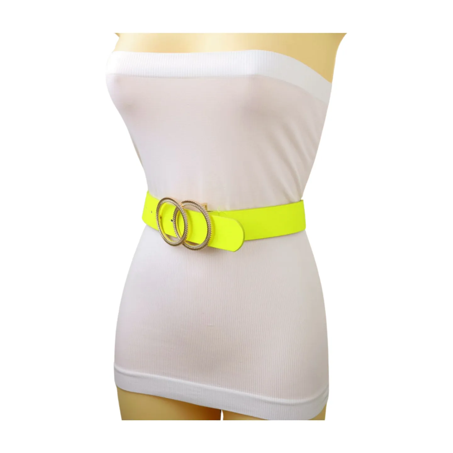 Women Neon Bright Yellow Faux Leather Band Belt Gold Metal Circle Buckle M L