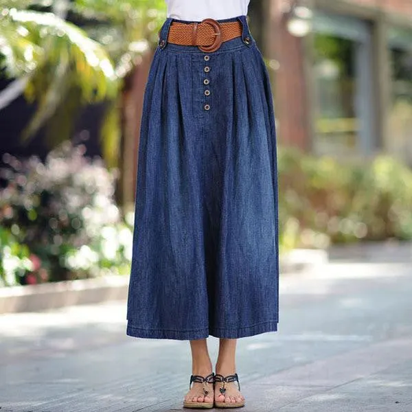 Women's casual wide flare skirt Lady's large size ankle length long denim skirt with belt