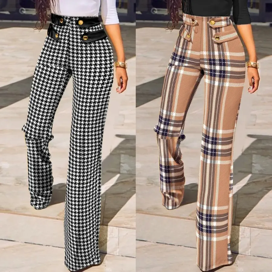 Women's Chic Plaid High Waisted Flared Pants with Button and Buckle Design | Perfect for All Seasons