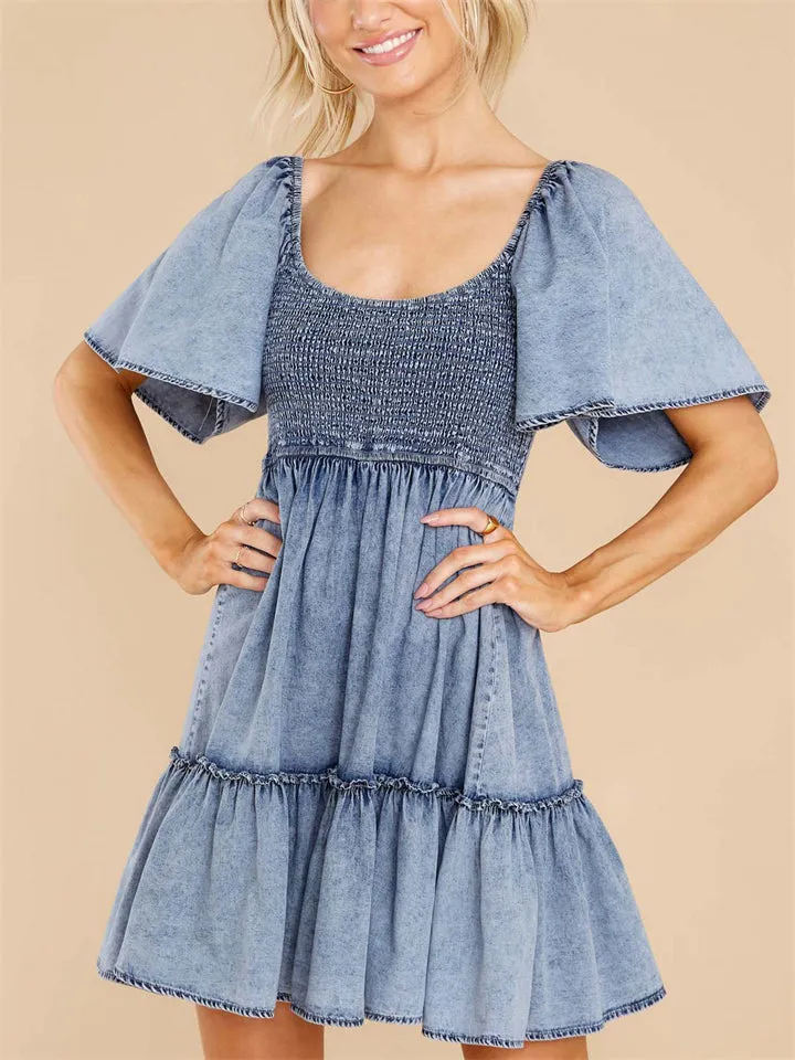 Women's Short Sleeve Smocked Denim Dress