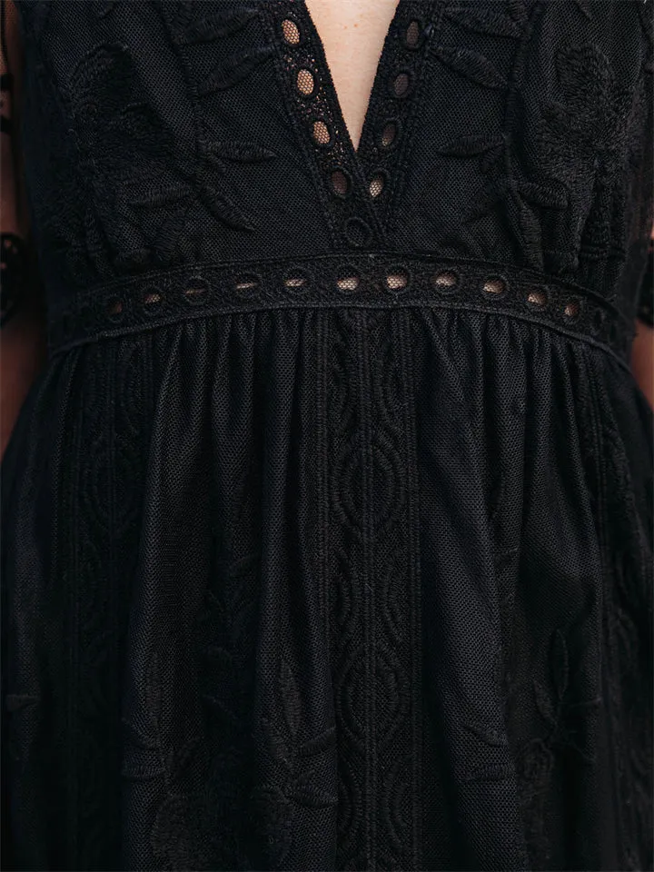 Women's V-Neck Solid Color Long Sleeve Lace Dress