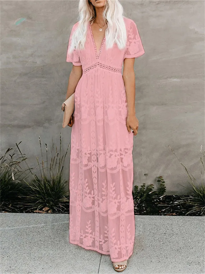 Women's V-Neck Solid Color Long Sleeve Lace Dress