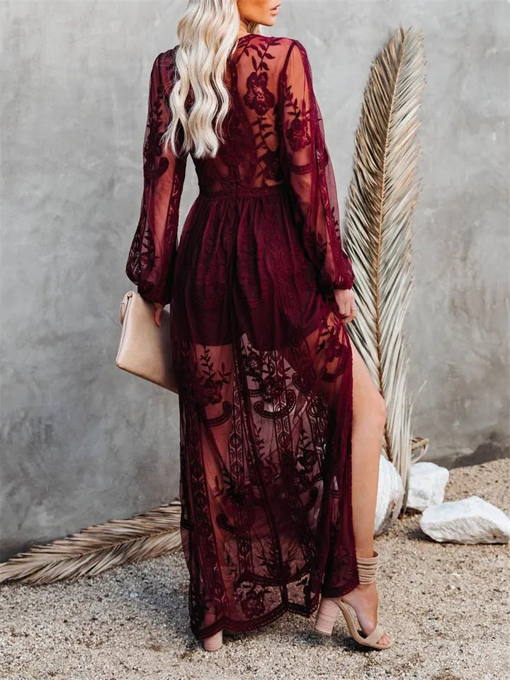 Women's V-Neck Solid Color Long Sleeve Lace Dress