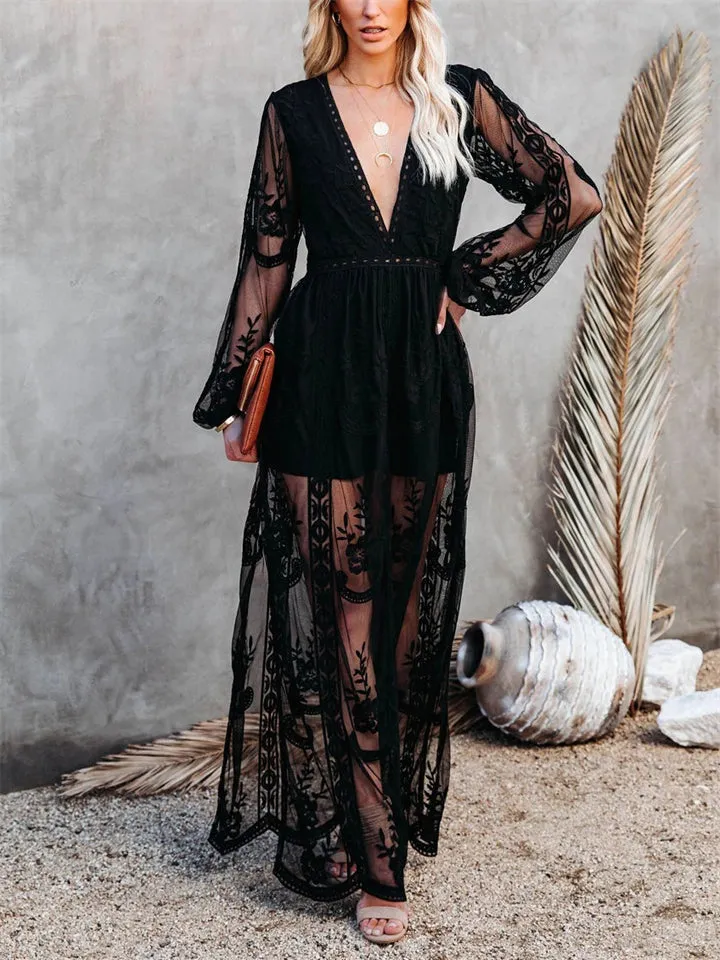 Women's V-Neck Solid Color Long Sleeve Lace Dress