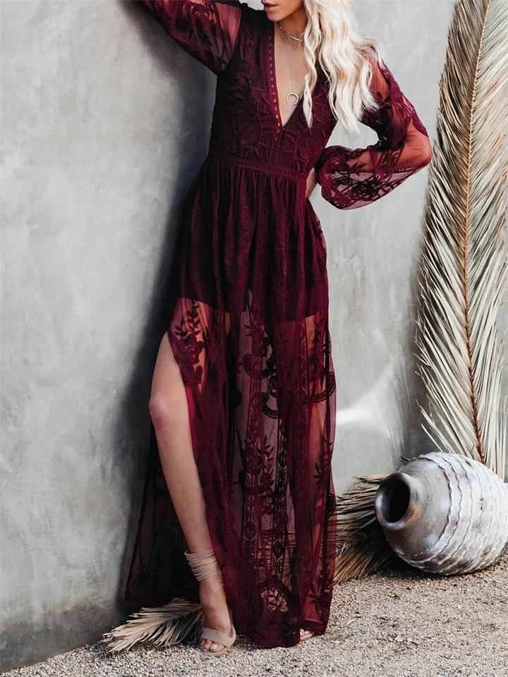 Women's V-Neck Solid Color Long Sleeve Lace Dress