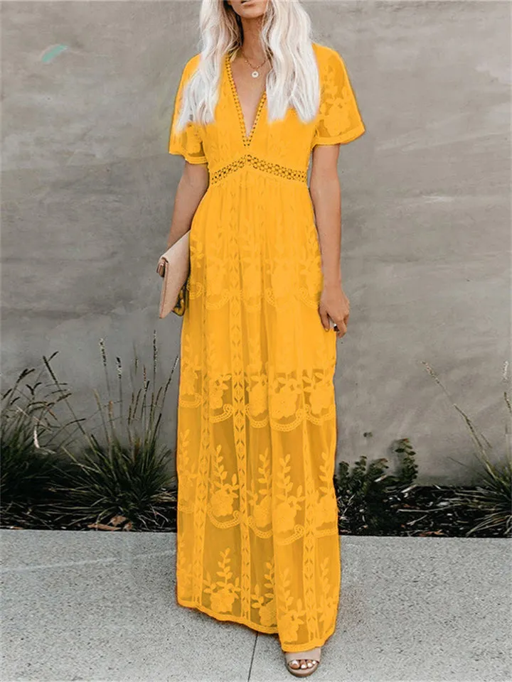 Women's V-Neck Solid Color Long Sleeve Lace Dress