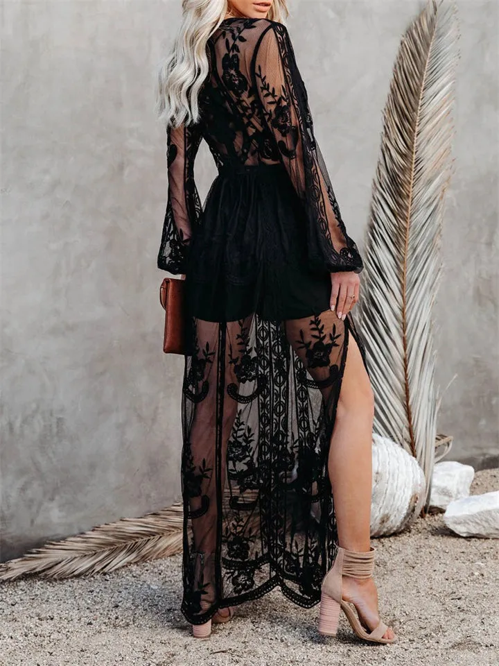 Women's V-Neck Solid Color Long Sleeve Lace Dress