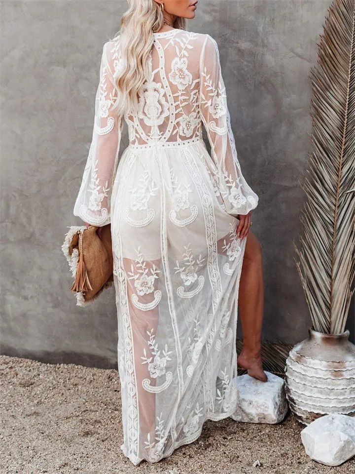 Women's V-Neck Solid Color Long Sleeve Lace Dress