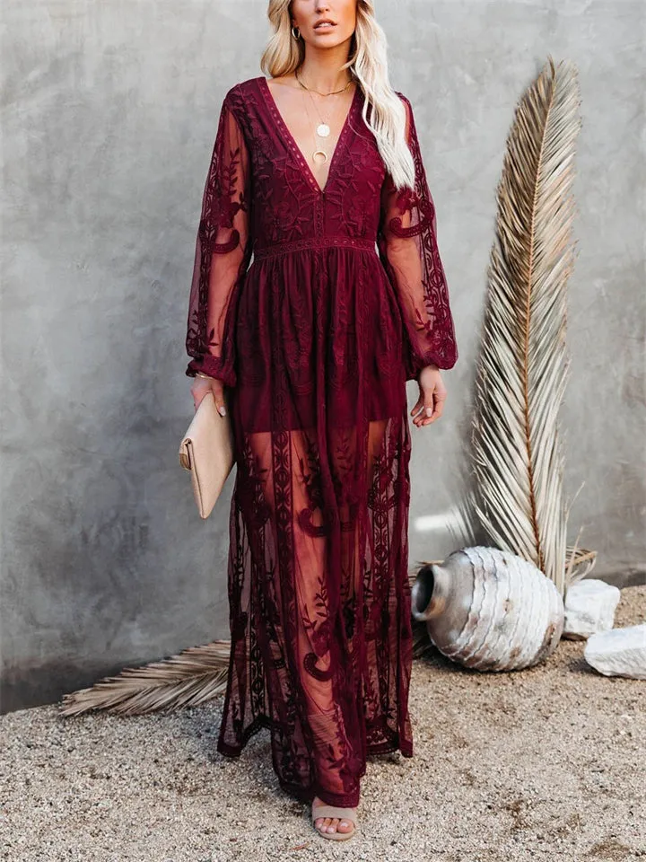 Women's V-Neck Solid Color Long Sleeve Lace Dress