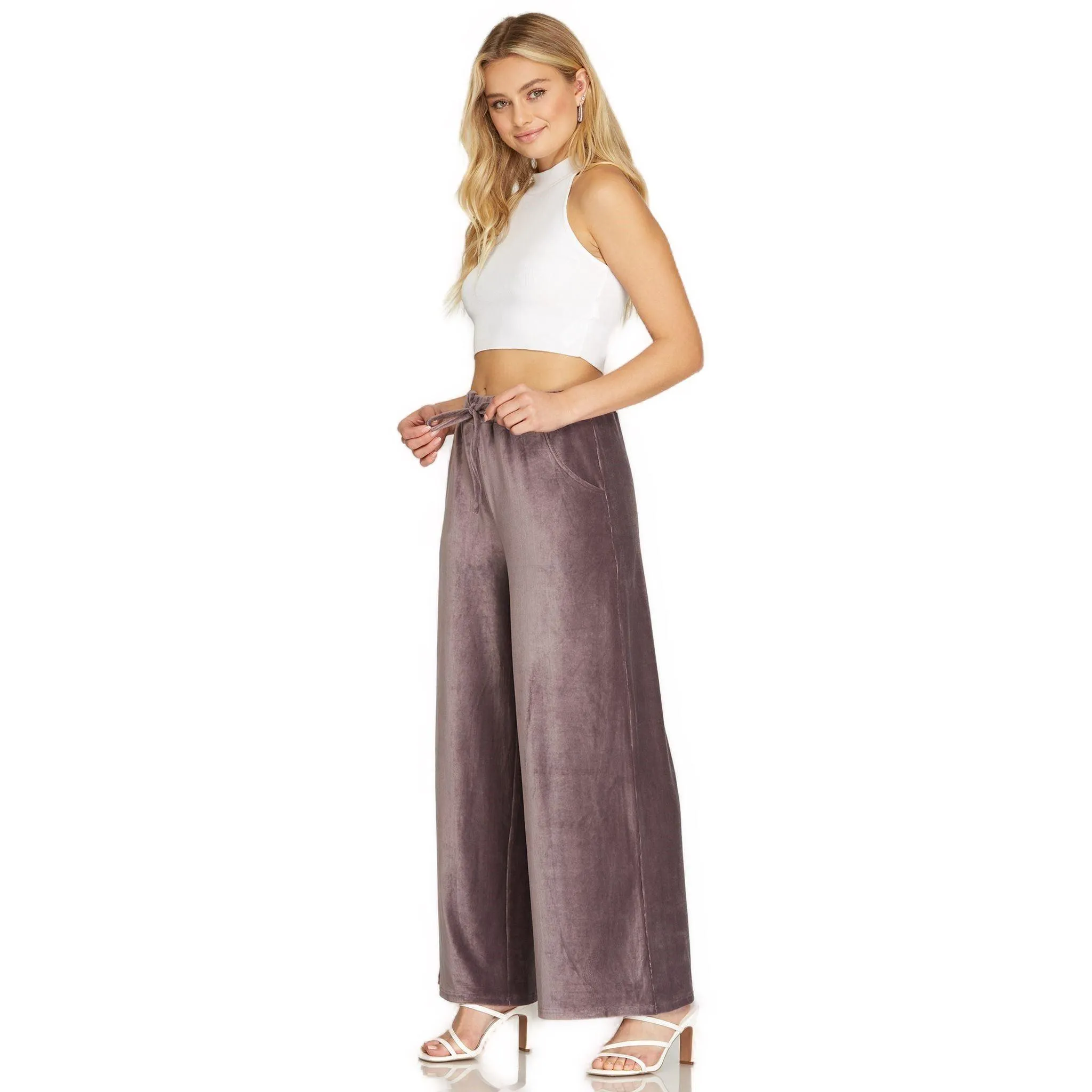 Women's Velvet Wide Leg Pants with Elastic Waistband