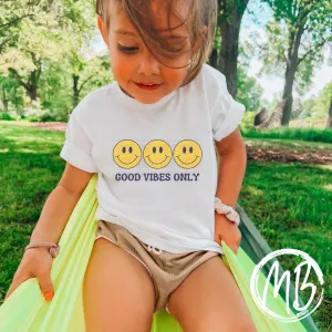 Yellow Smiley Good Vibes Only Ruffle Tee or Onesie | Toddler | Baby | Girl | Smiley Face |